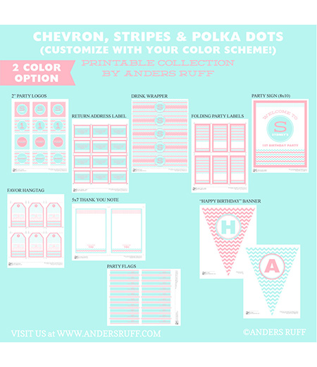 Chevron, Stripes and Polka Dots Party Printable Collection - Choose Your Colors